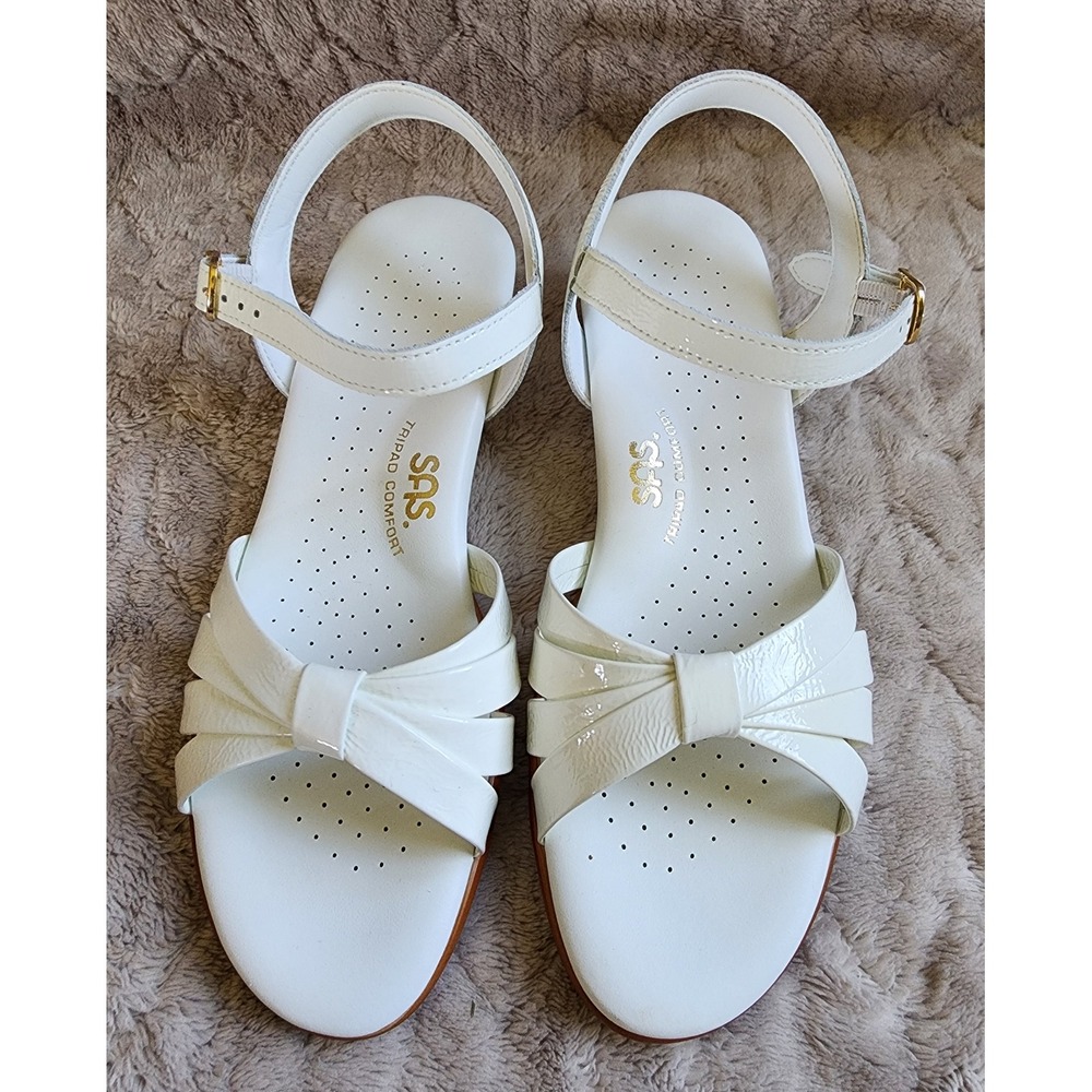 SAS Strippy Quarter Strap Bone White Patent Leather Wedge Sandals Womens 7